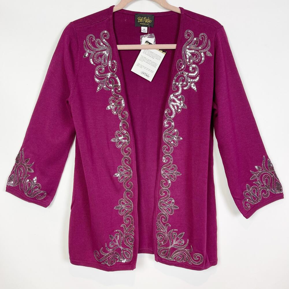 Bob Mackie Womens Cardigan XS Purple Sequin Detail 3/4 Sleeve Open Front NWT